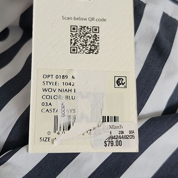 Alex Marie NWT charcoal gray & white striped button down blouse w/ tie waist M - Picture 6 of 10